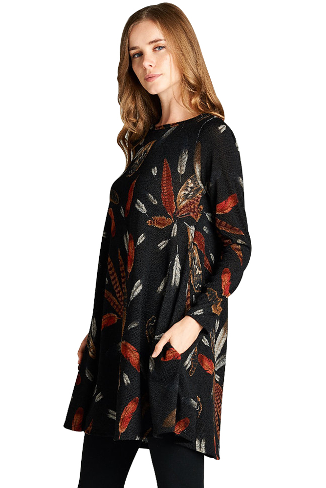 BY220210-2 Black Feather Graphic Pocket Tunic Dress